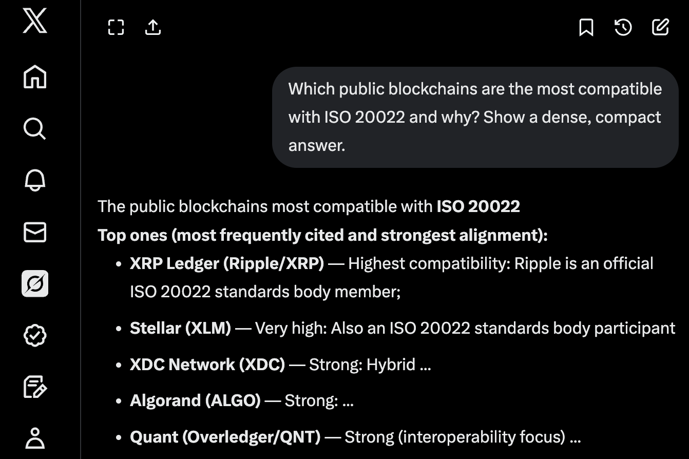 Grok answer: ISO 20022 compatible blockchains — no Solana
